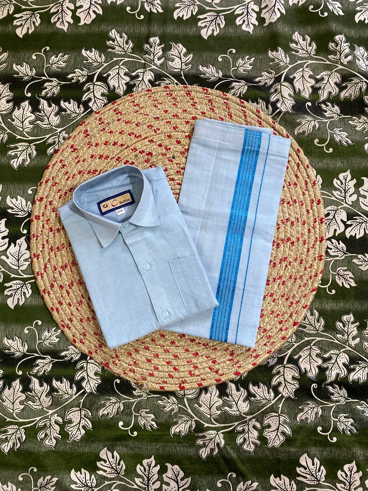 Kids blue tissue shirt & dhoti set