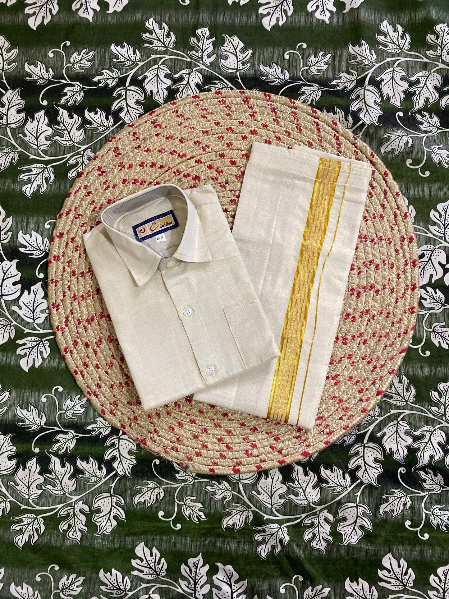 Kids golden tissue shirt & dhoti set