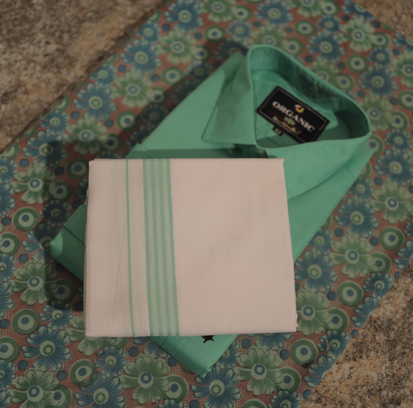 Organic cotton men’s shirt and matching border Dhoti sit