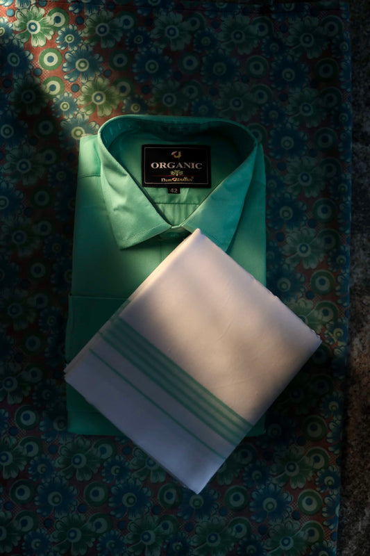 Organic cotton men’s shirt and matching border Dhoti sit