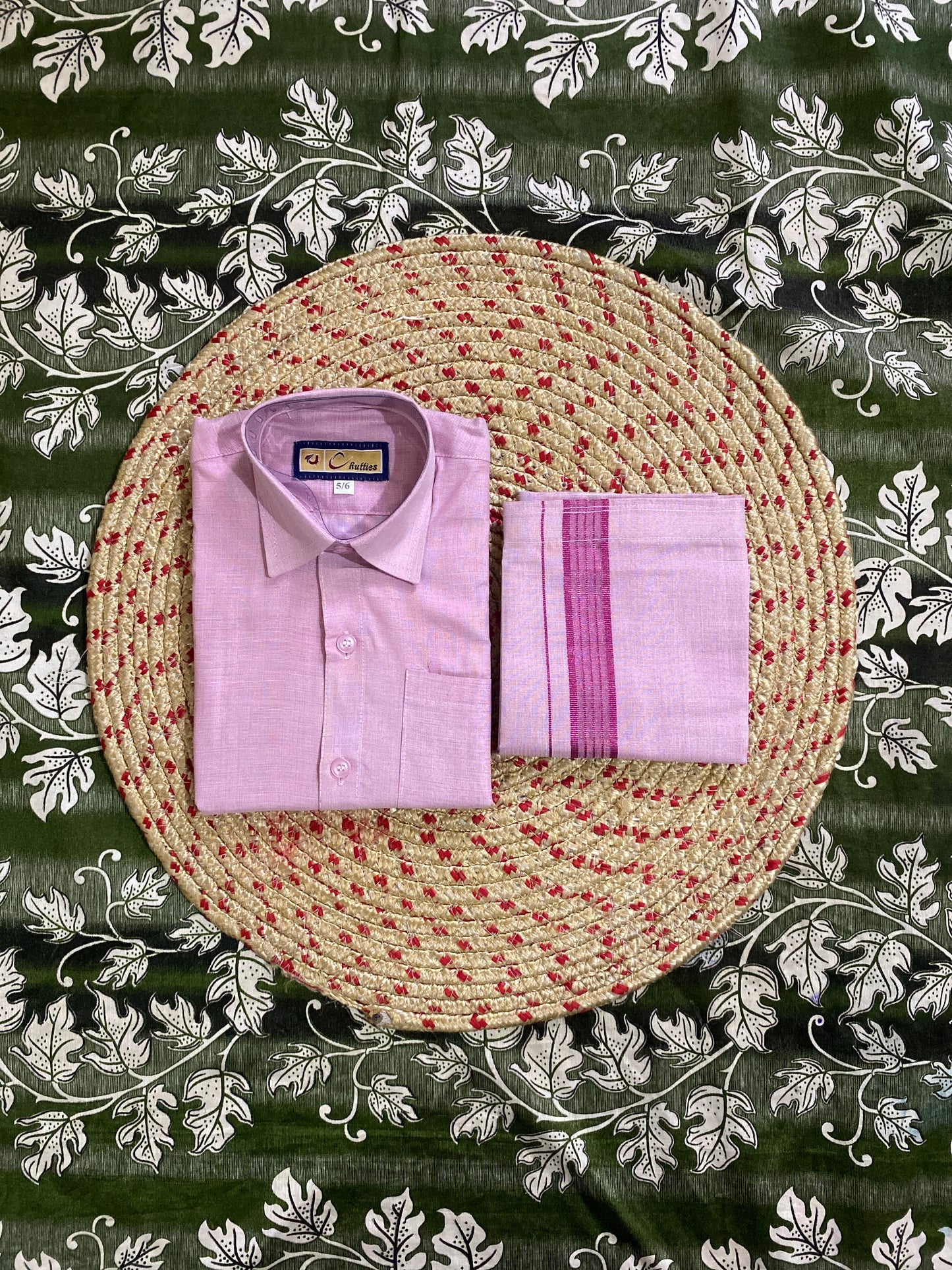 Kids lavender shirt & dhothi tissue set