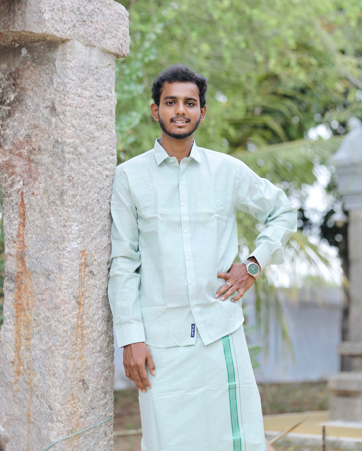 Men’s green shirt and Dhothi tissue set