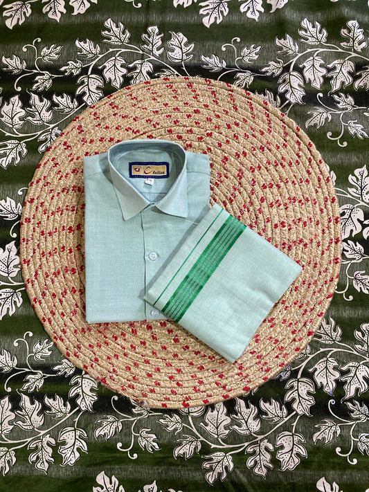 Kids green tissue shirt & dhoti set