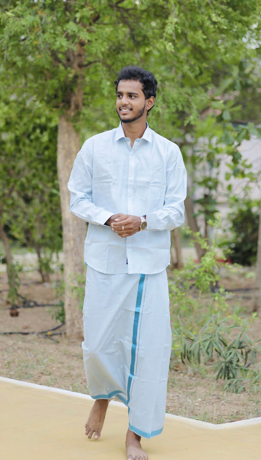 Men’s blue shirt and Dhothi tissue set