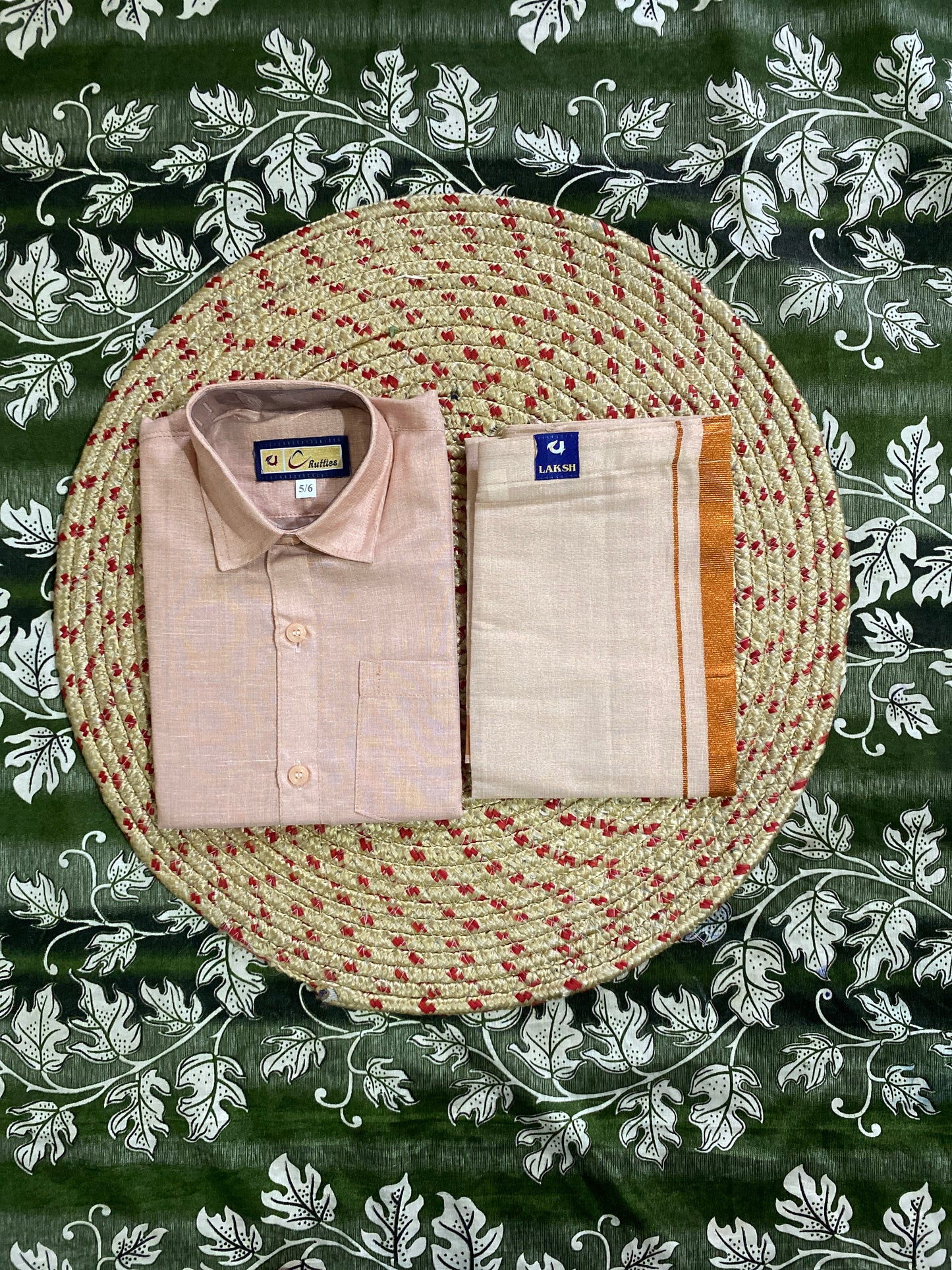 Kids copper tissue shirt & dhoti set