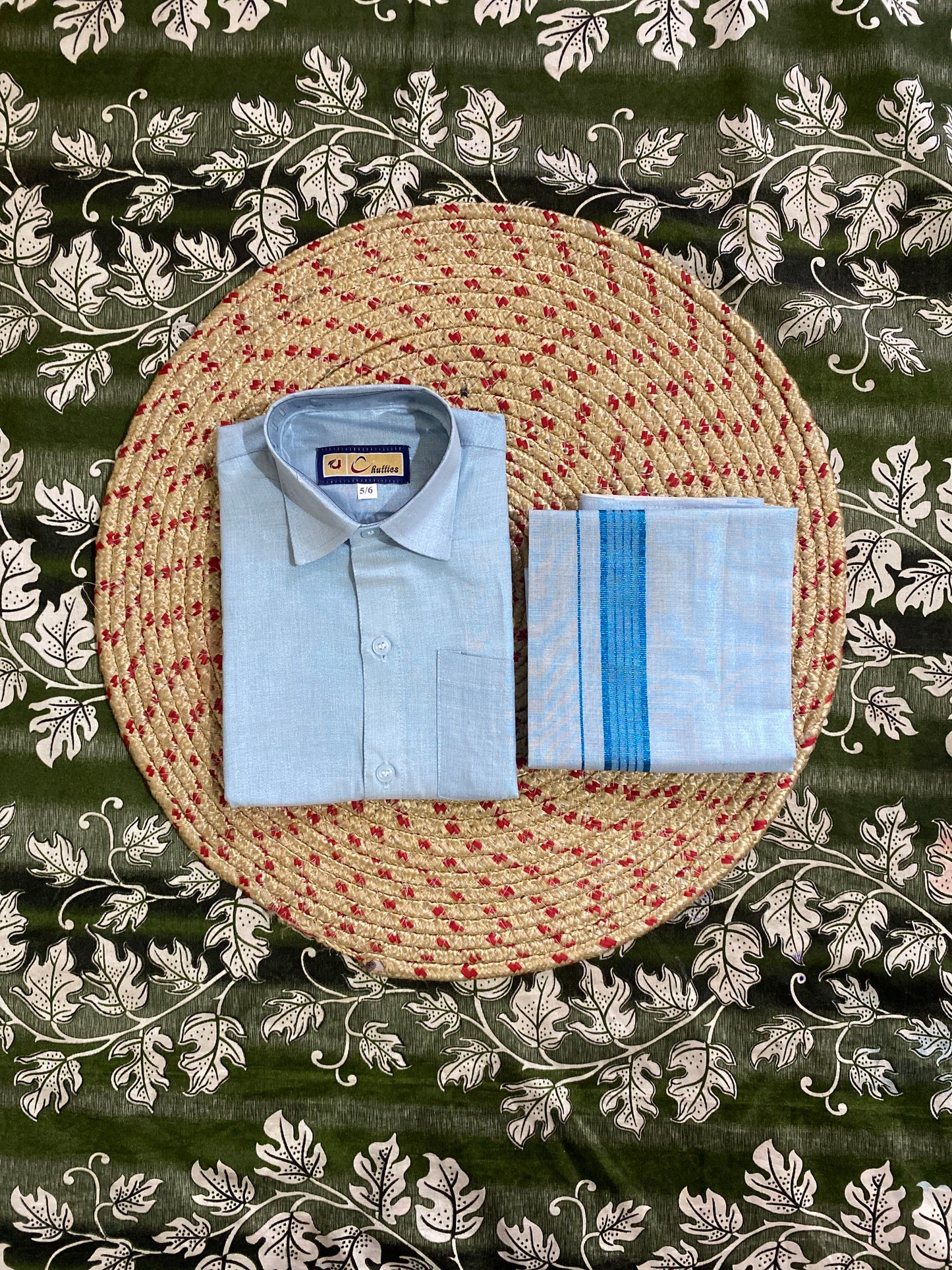 Kids blue tissue shirt & dhoti set