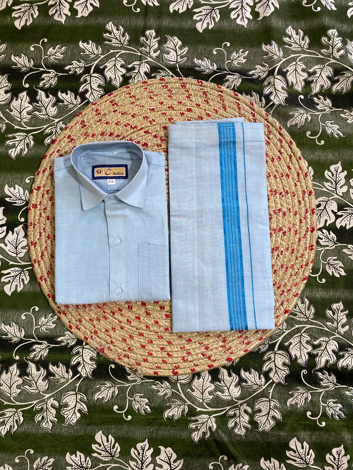 Kids blue tissue shirt & dhoti set