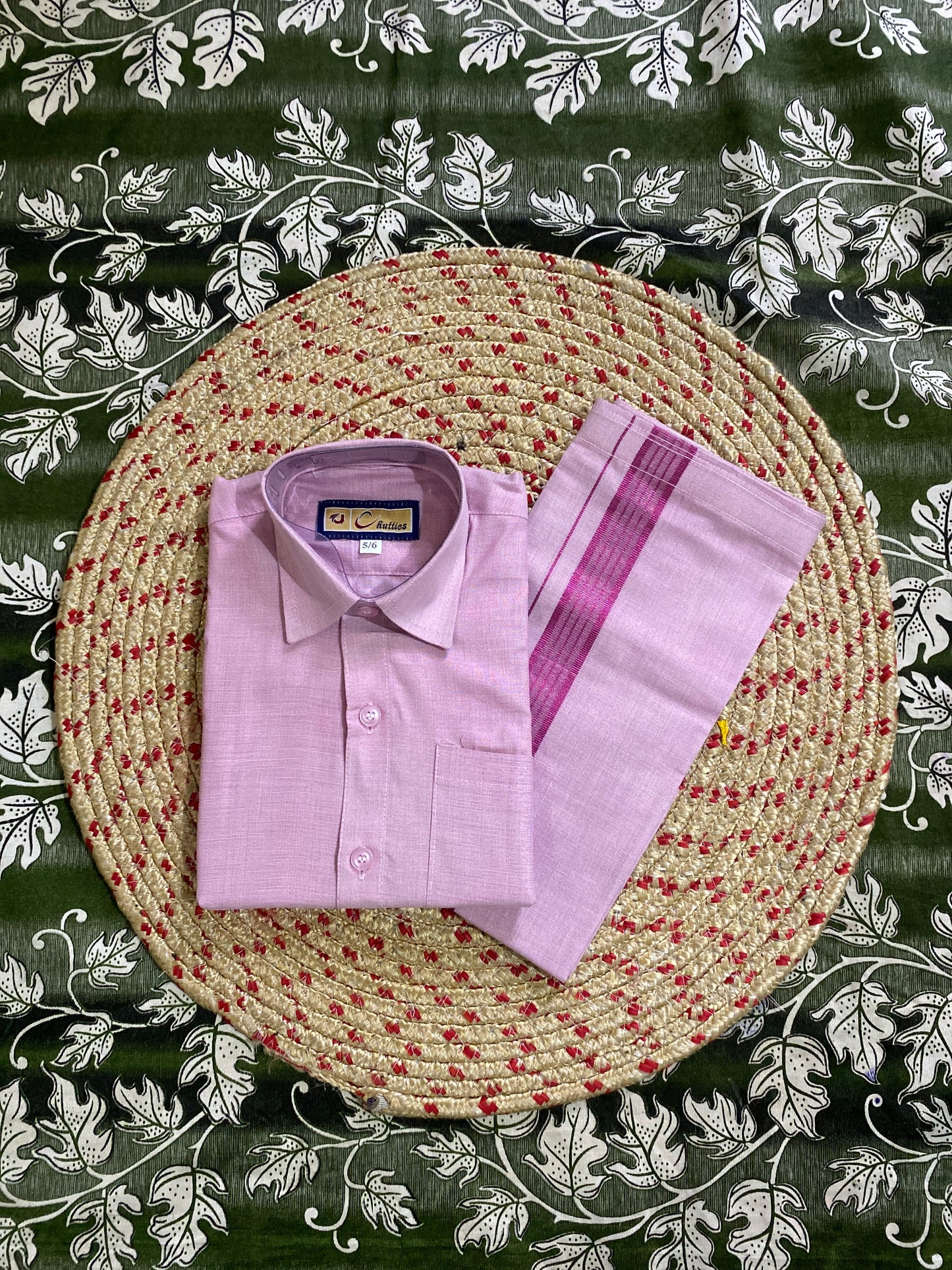 Kids lavender shirt & dhothi tissue set