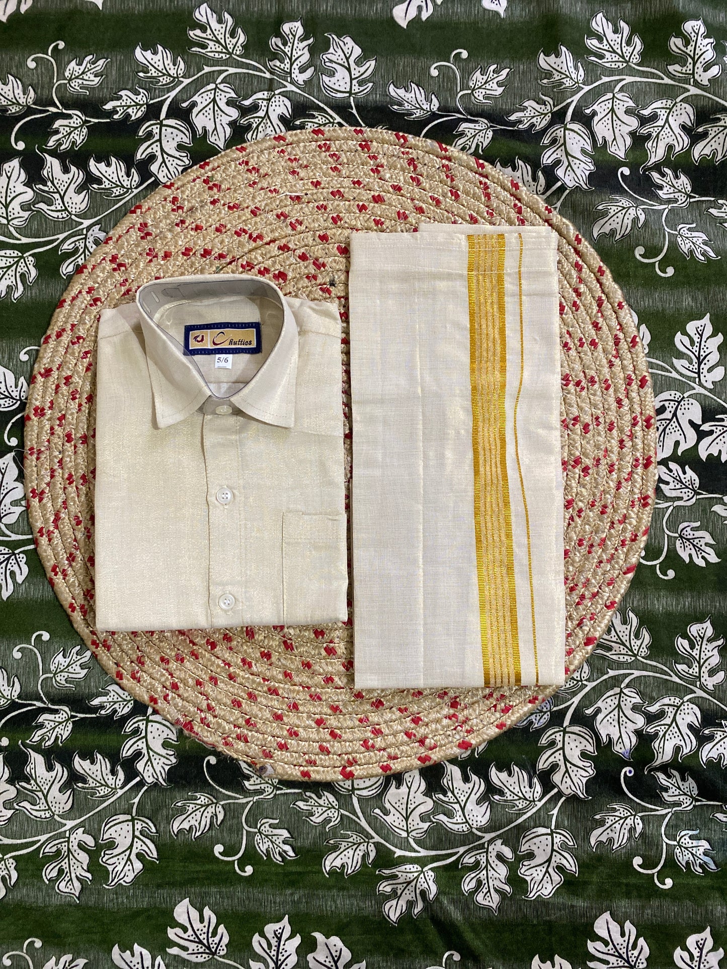Kids golden tissue shirt & dhoti set