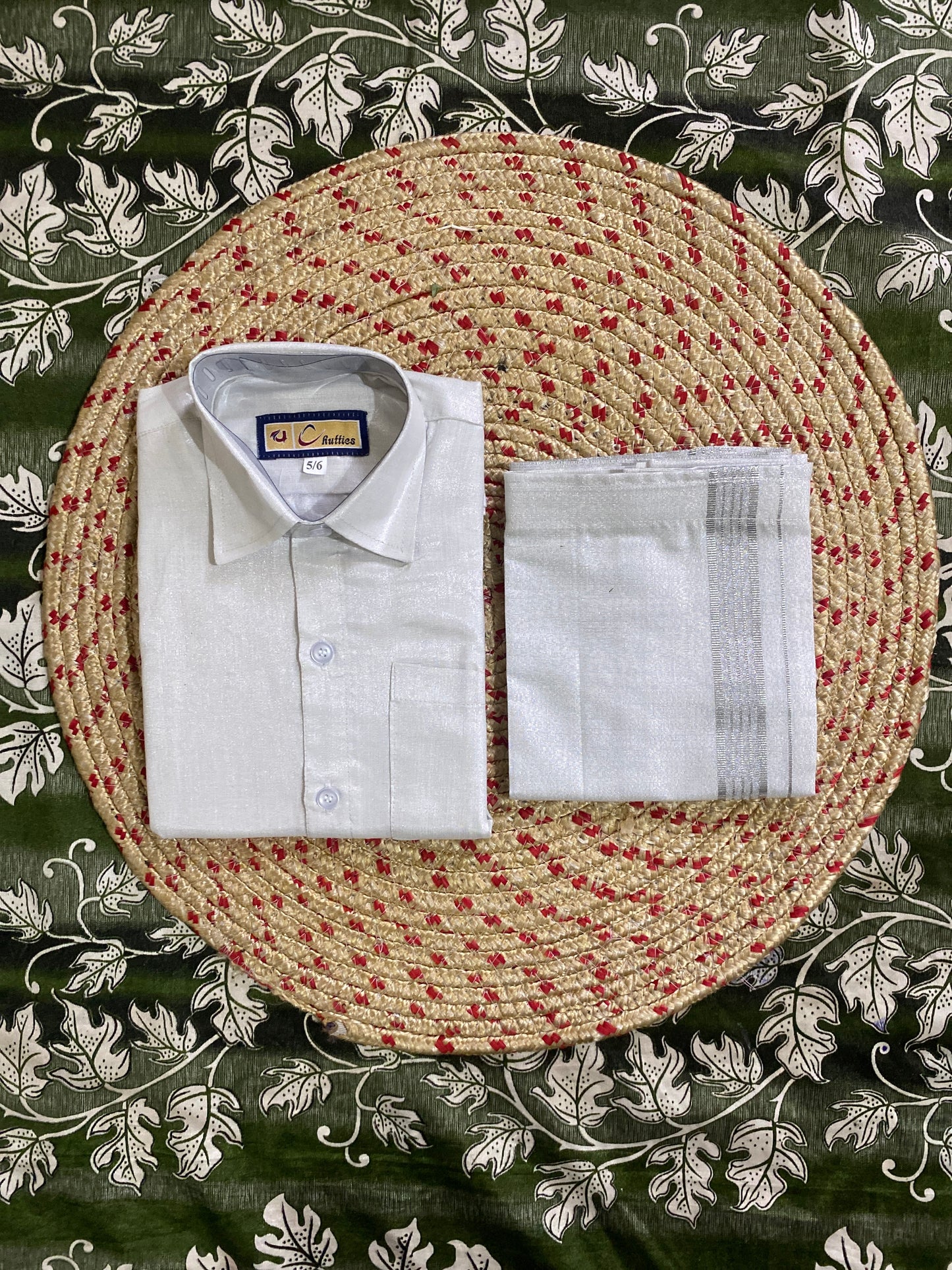 Kids silver tissue shirt & dhoti set