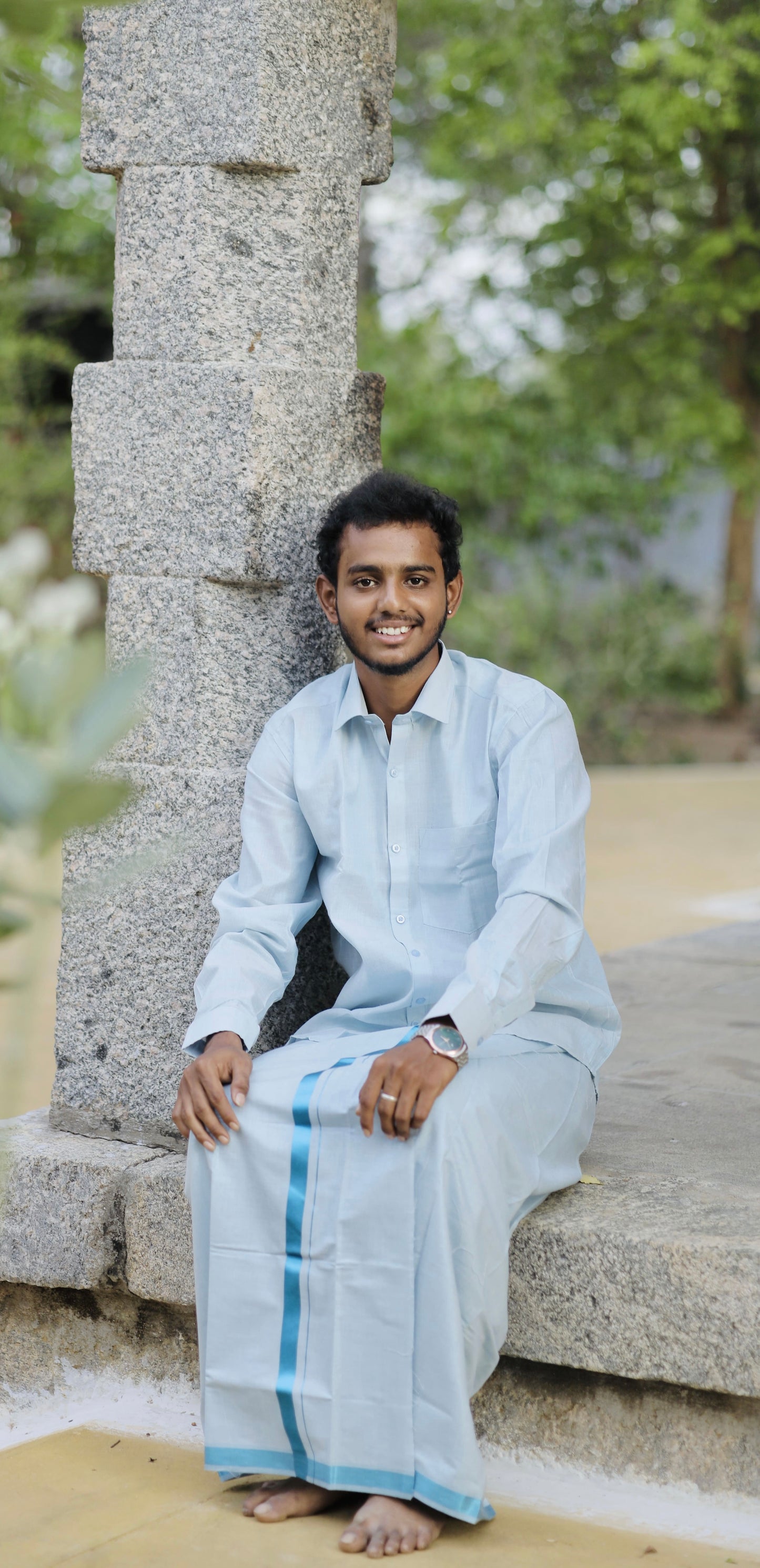 Men’s blue shirt and Dhothi tissue set