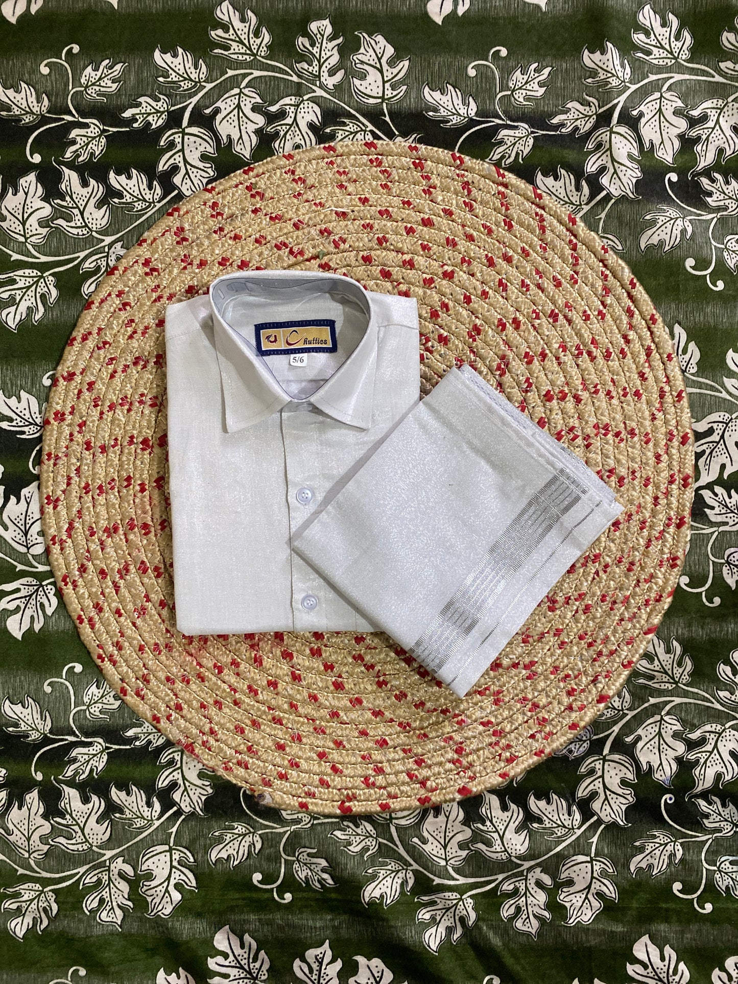 Kids silver tissue shirt & dhoti set