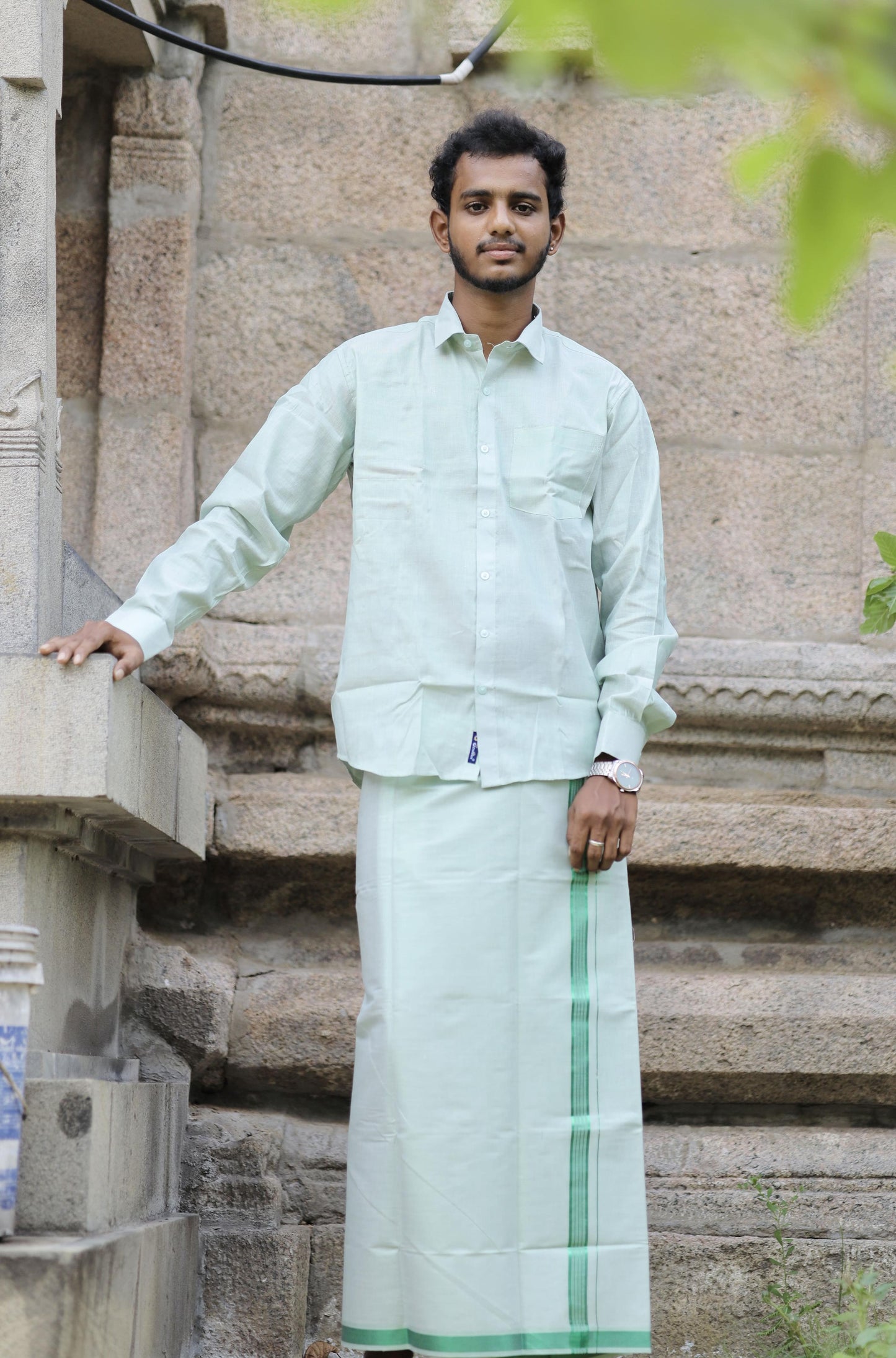 Men’s green shirt and Dhothi tissue set