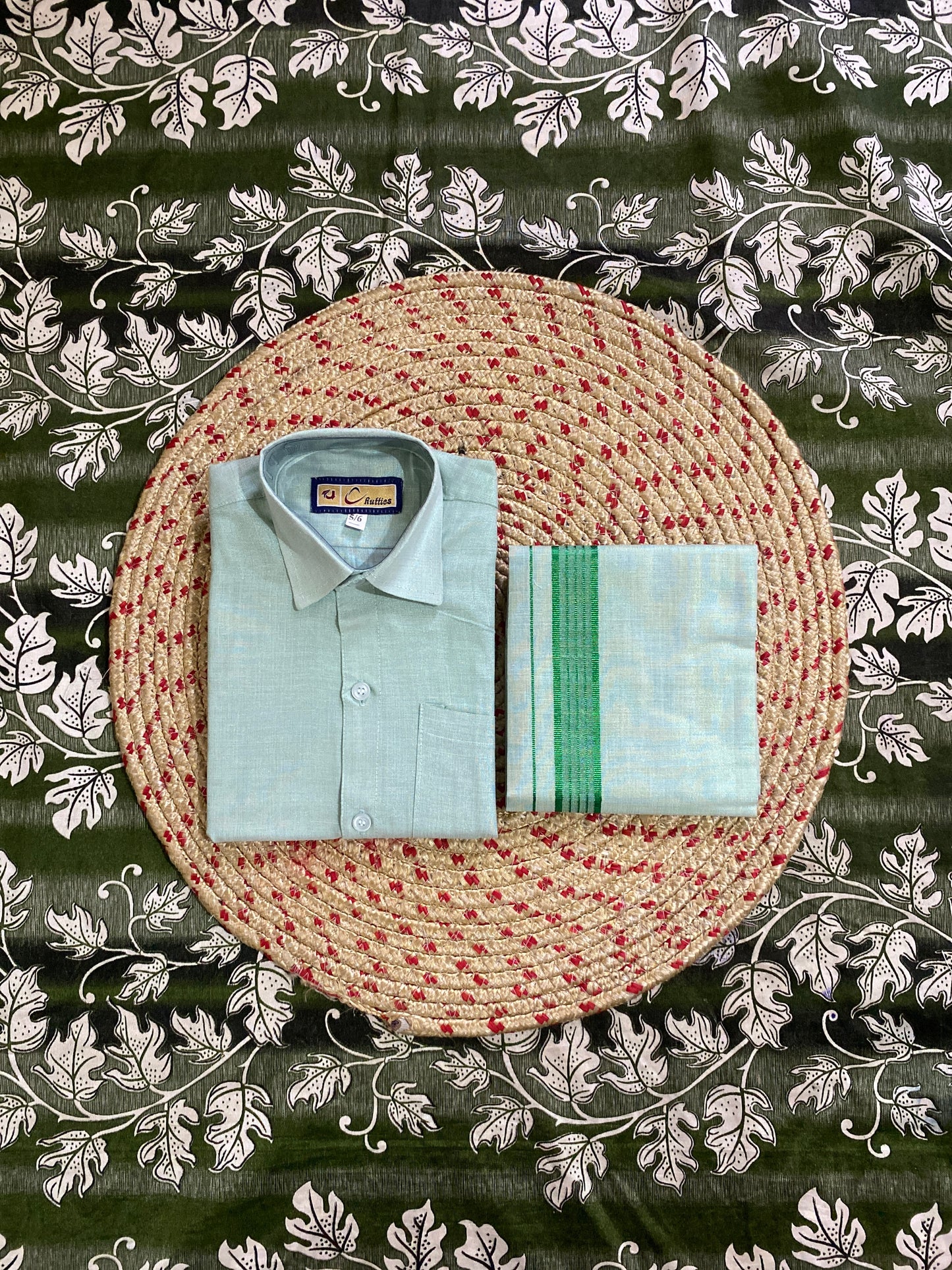 Kids green tissue shirt & dhoti set
