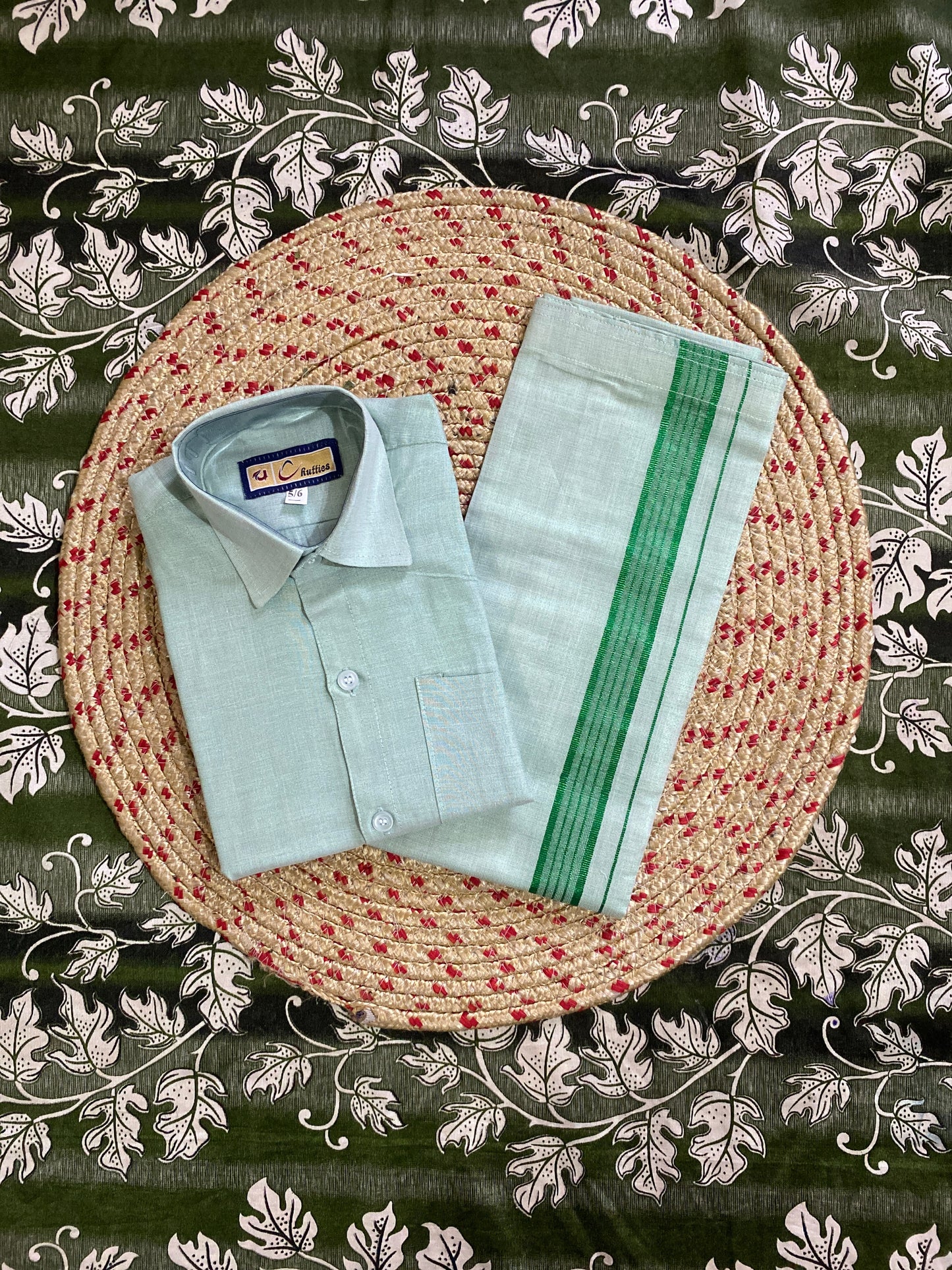 Kids green tissue shirt & dhoti set