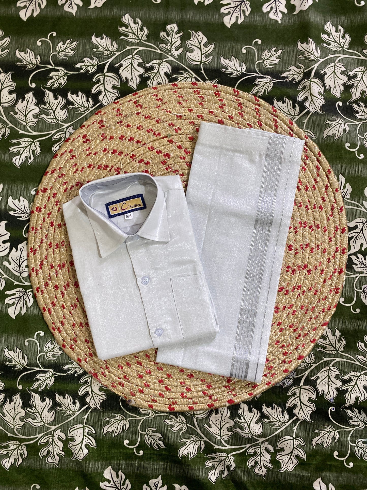 Kids silver tissue shirt & dhoti set