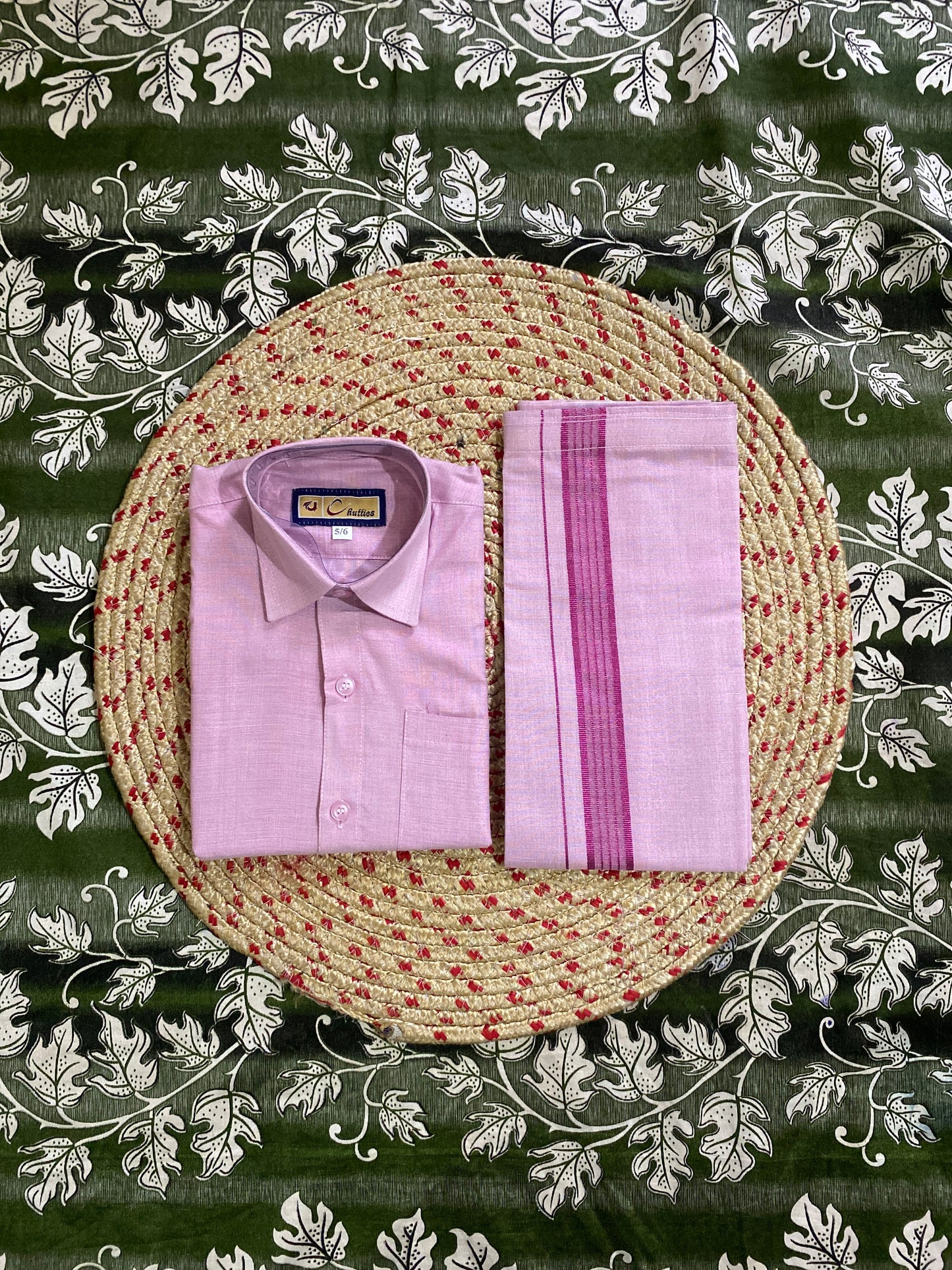 Kids lavender shirt & dhothi tissue set