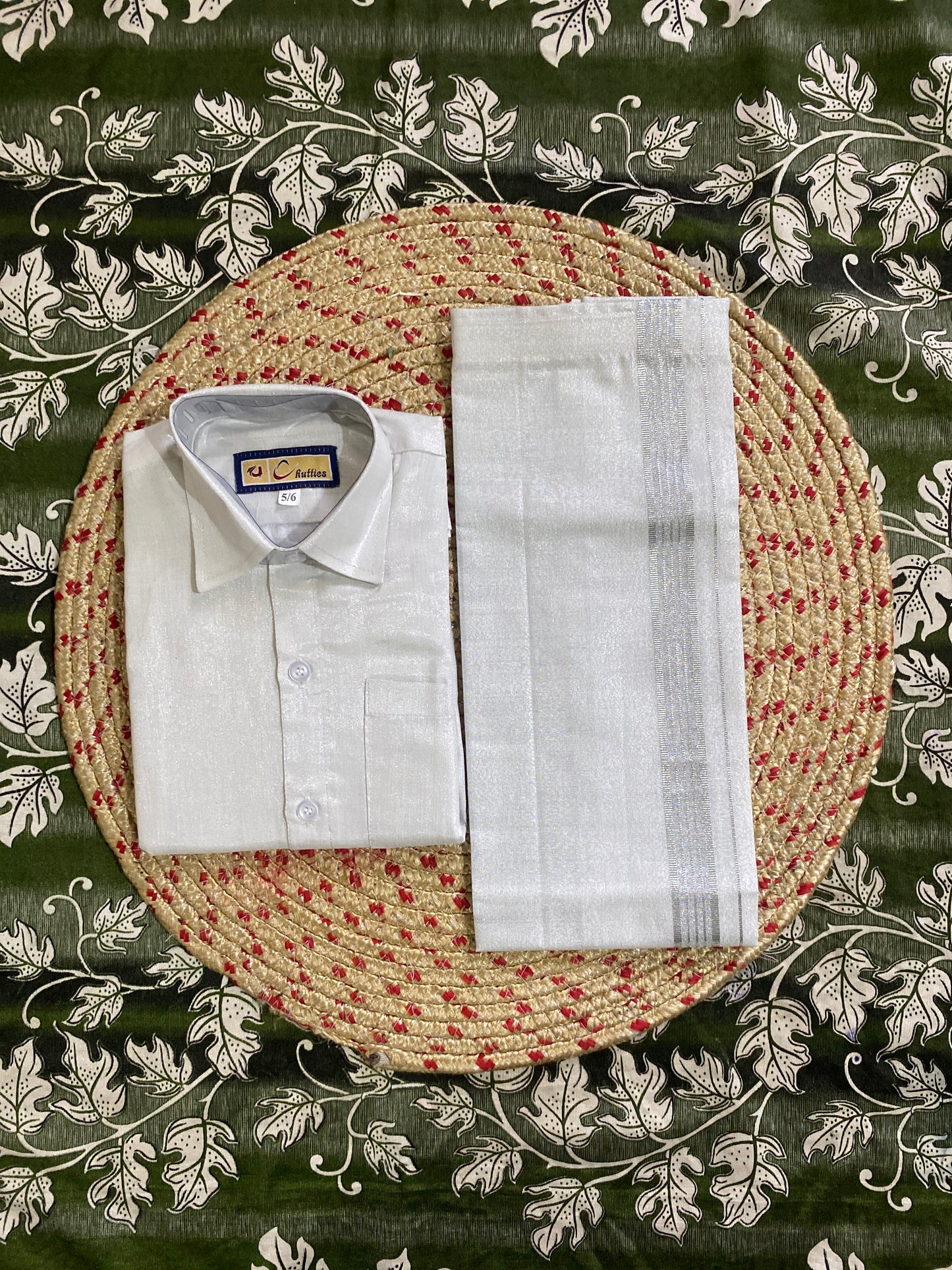 Kids silver tissue shirt & dhoti set