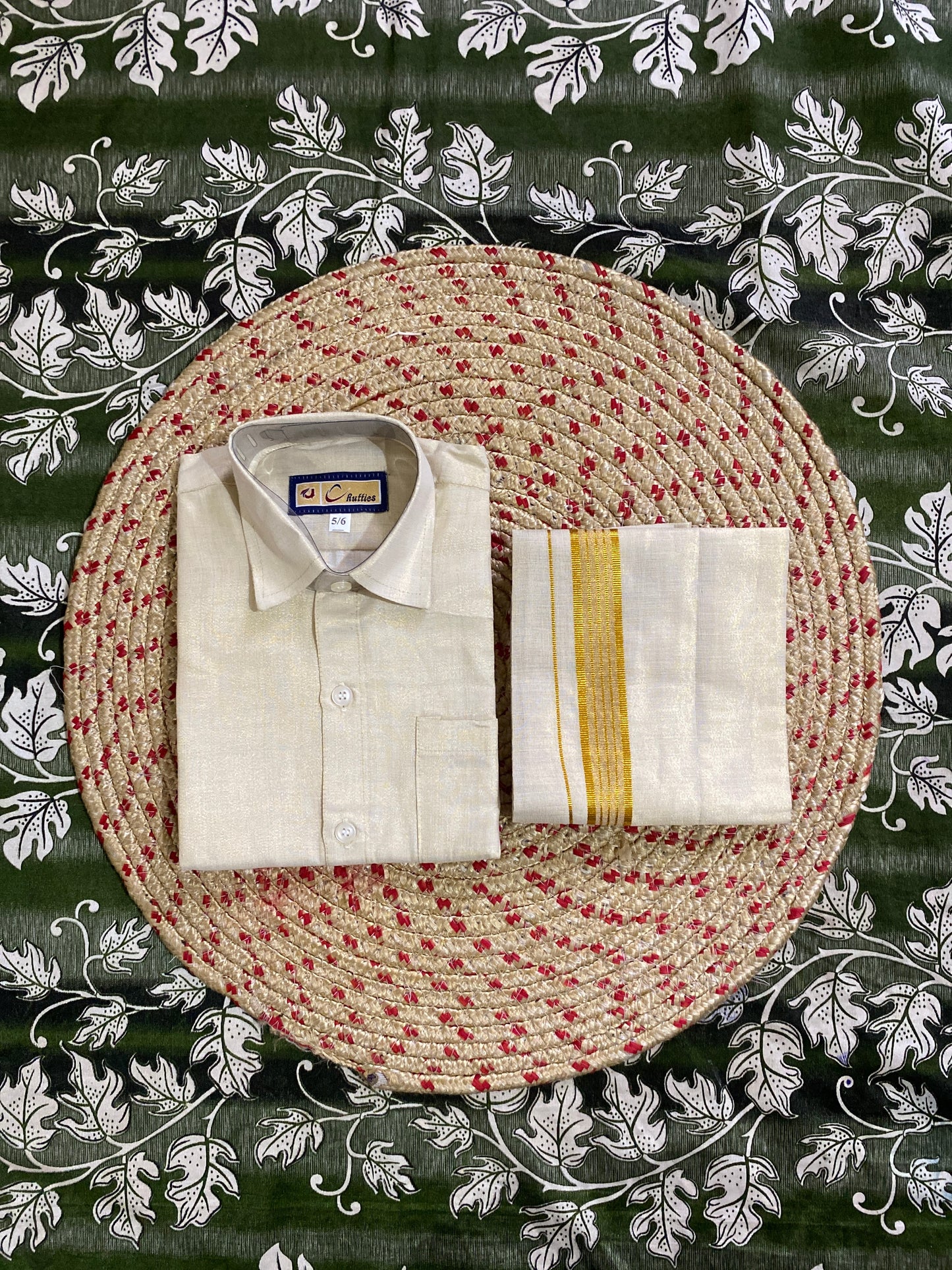 Kids golden tissue shirt & dhoti set