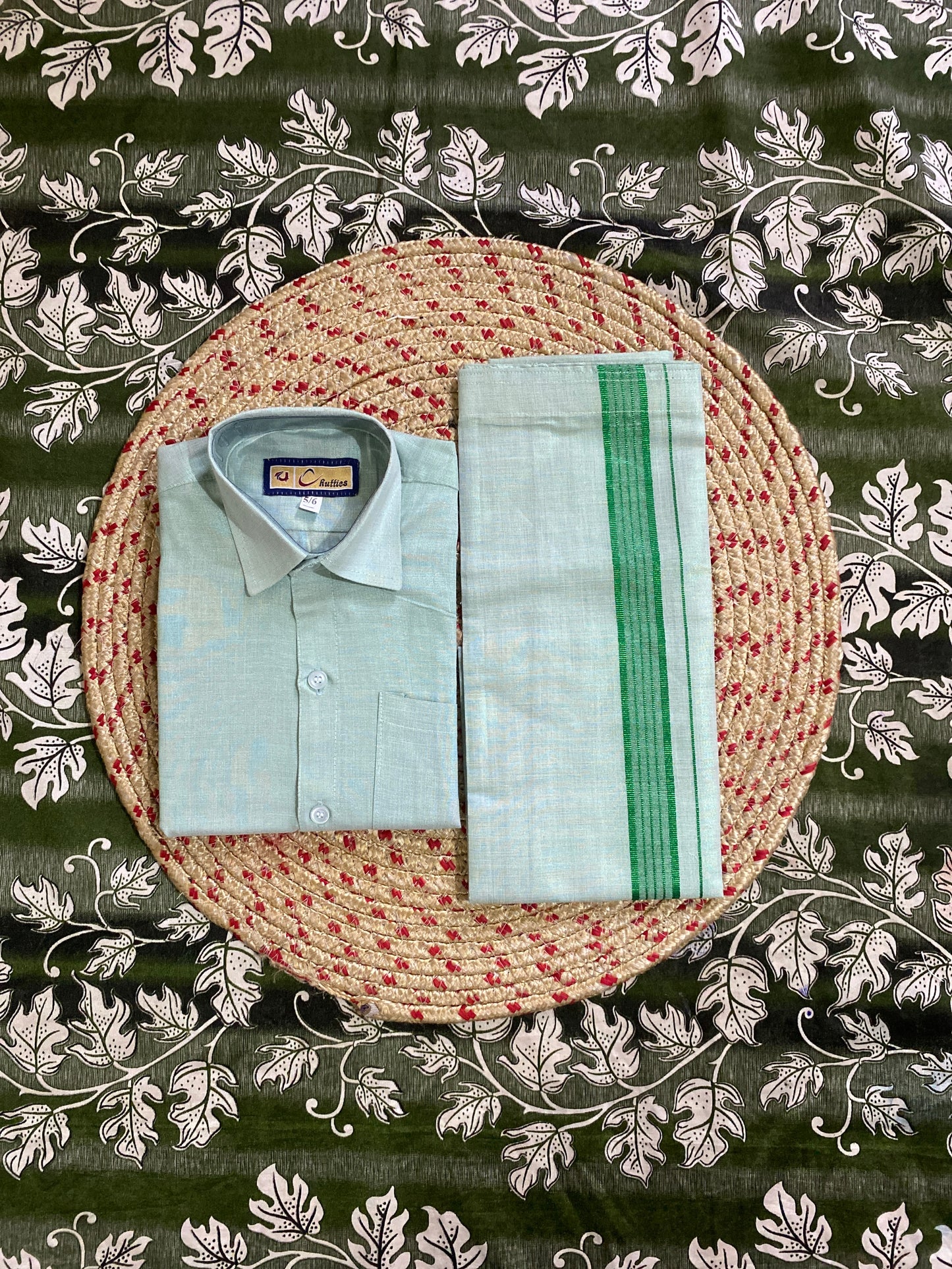 Kids green tissue shirt & dhoti set