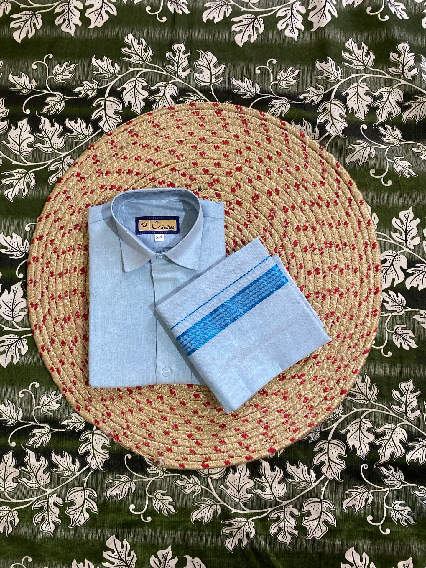Kids blue tissue shirt & dhoti set
