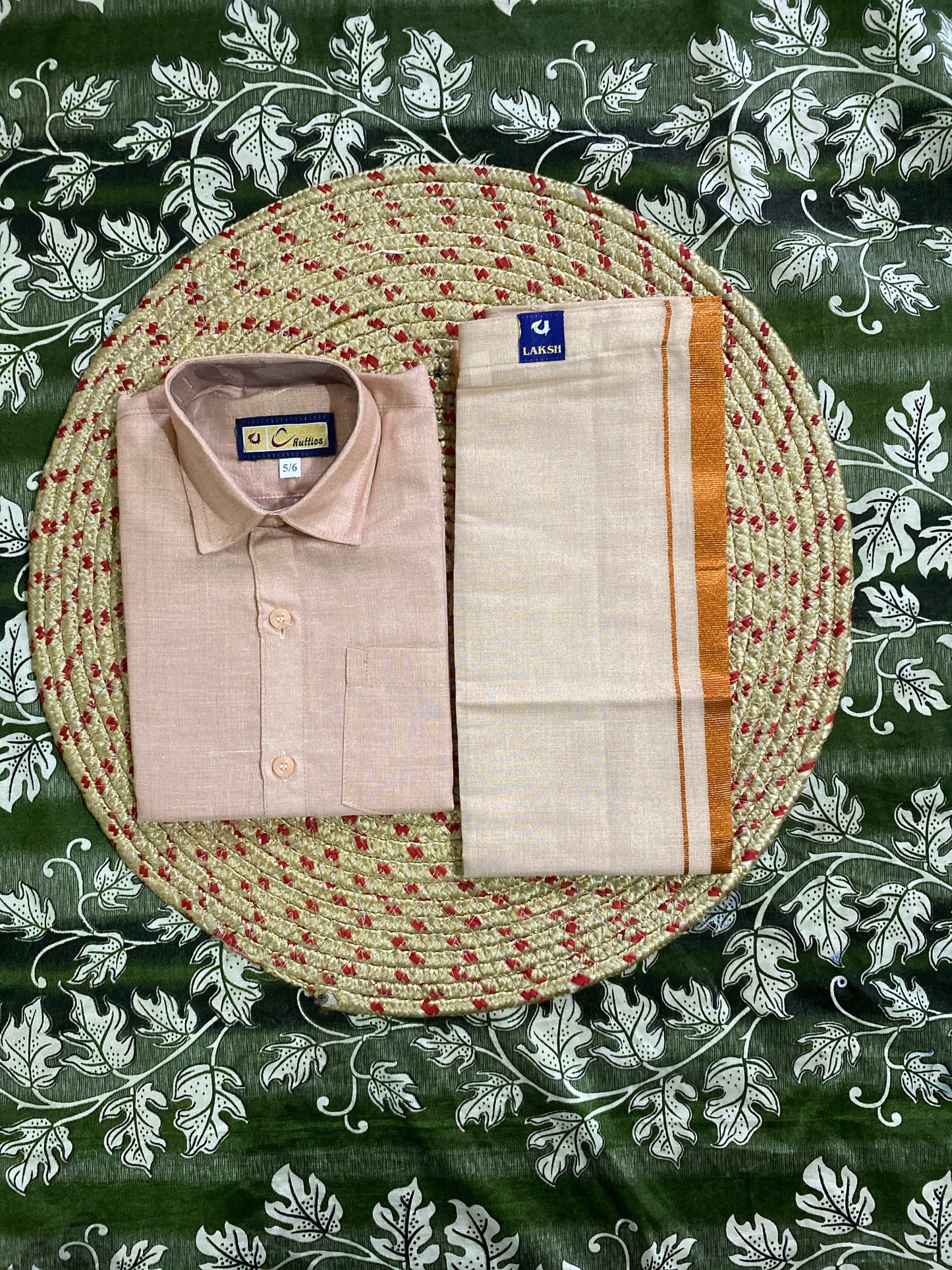 Kids copper tissue shirt & dhoti set