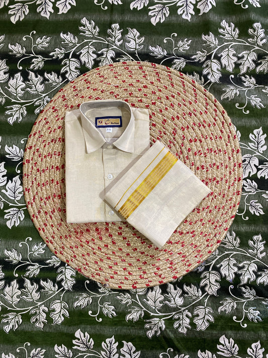 Kids golden tissue shirt & dhoti set