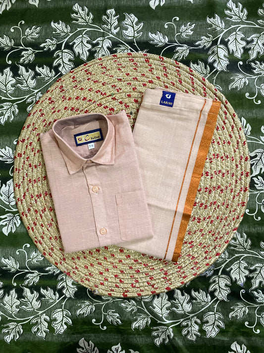 Kids copper tissue shirt & dhoti set