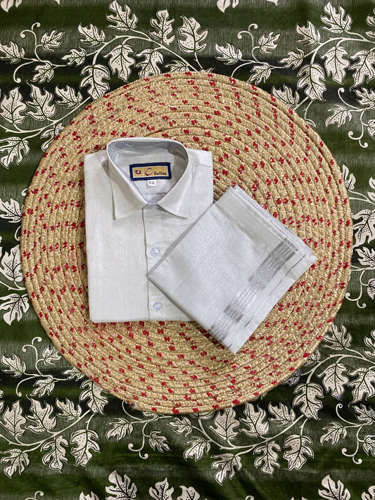 Kids silver tissue shirt & dhoti set